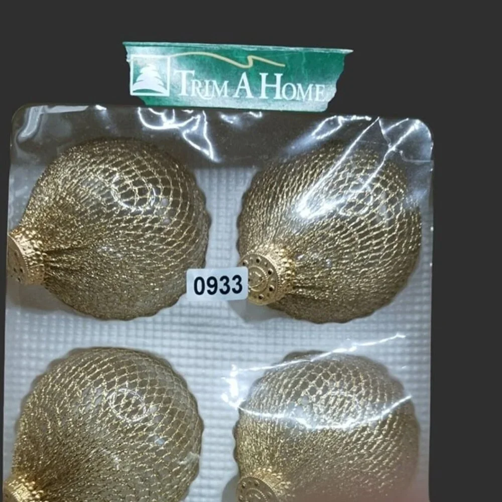 Trim a home vtg gold netting over clear glass ball round christmas ornaments 